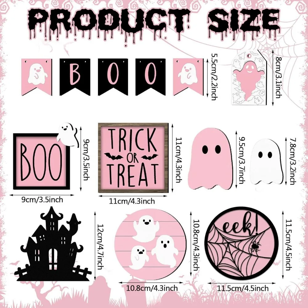 

13pcs Wooden Signs Ornaments Cute Ghost Tray Decor Pink Halloween Funny Layered Tray Decoration Set Pumpkin Decorative