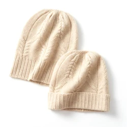 100% Cashmere Hat Women Winter Knitted Twisted Flower Cap Beanie Warm Soft Knit Headgears Lady Thick Hats Ear Protect Skullies