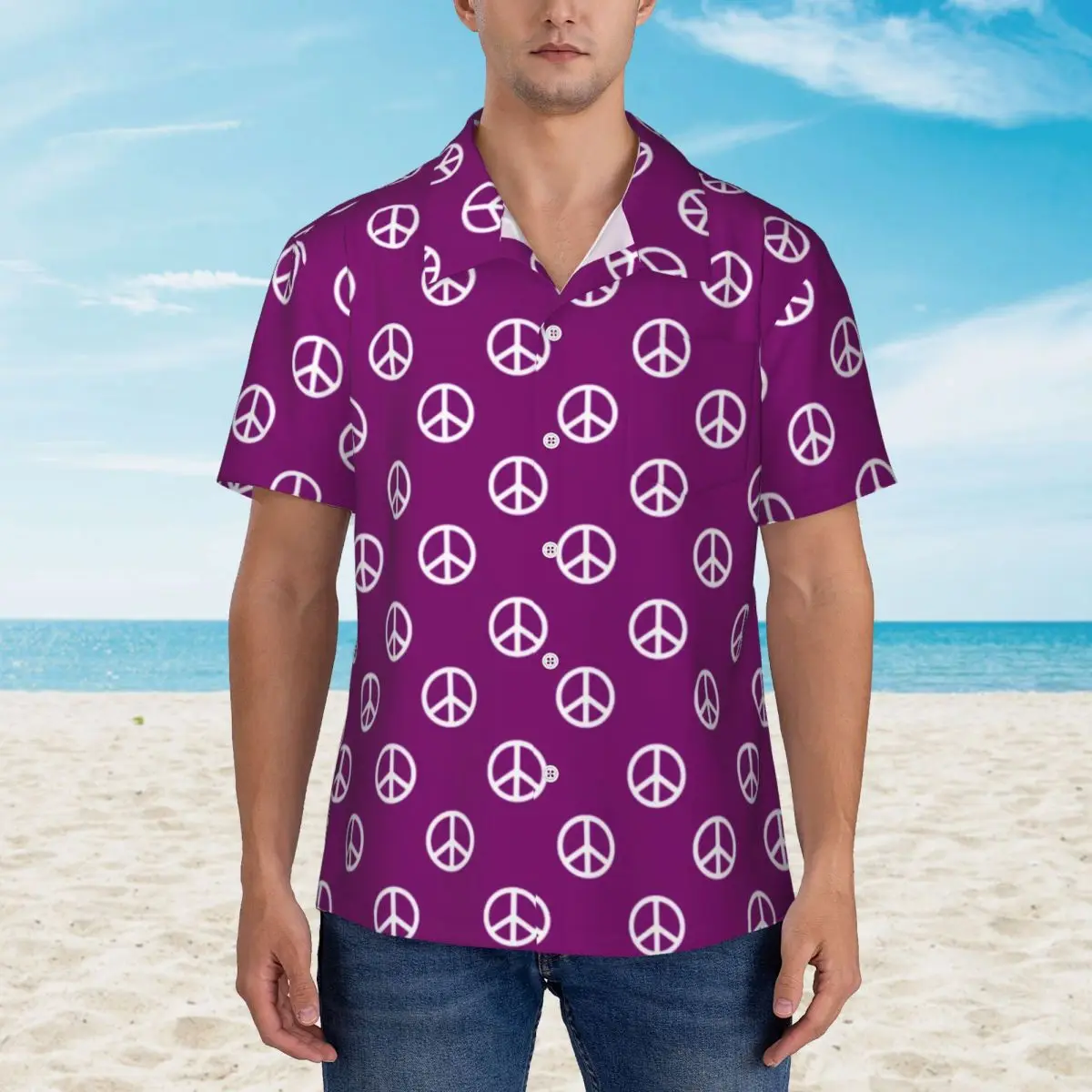 

White Peace Symbols Beach Shirt Male Retro Inspired Casual Shirts Summer Short Sleeve Custom Elegant Oversize Blouses Gift