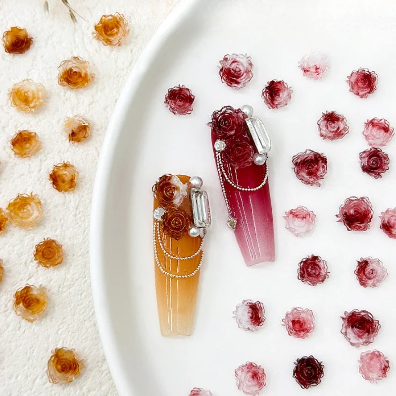 Zoete roze gradiënt roos Camellia bloemen strik steentjes kristal parel boor nagel kunst decoraties manicure gereedschap accessoires