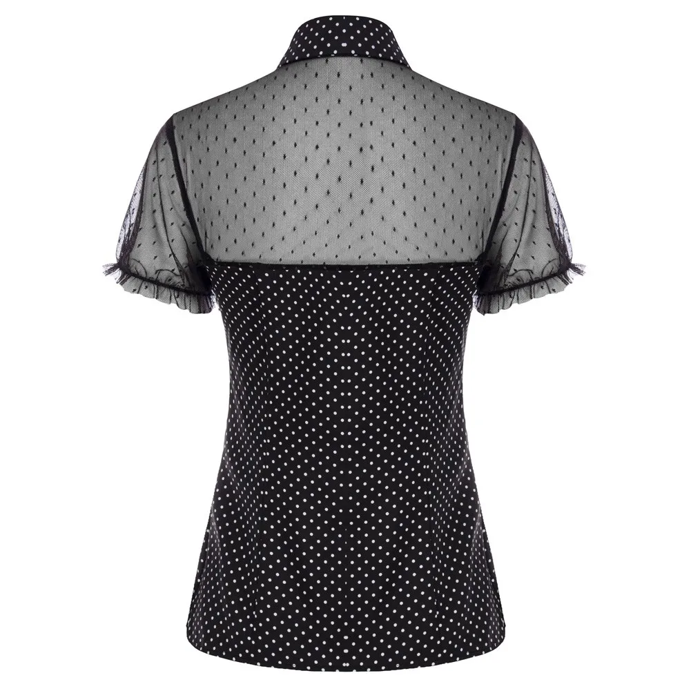 Belle Poque Women\'s Sheer 1950s Retro Vintage Shirts Polka Dots Mesh Rockabilly Blouse Short Sleeve Lapel Collar Patchwork Tops