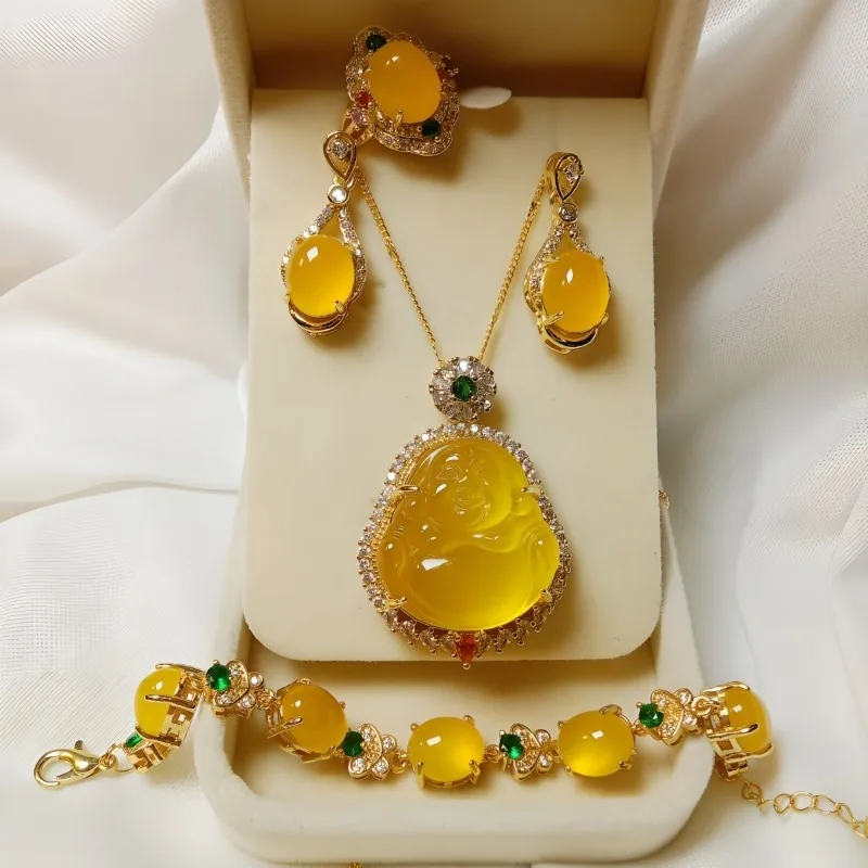 Natural Ice Color Yellow Chalcedony Buddha Gong Necklace Bracelet Earrings Pendant Ring Four-piece Deluxe Inlaid Set Women's