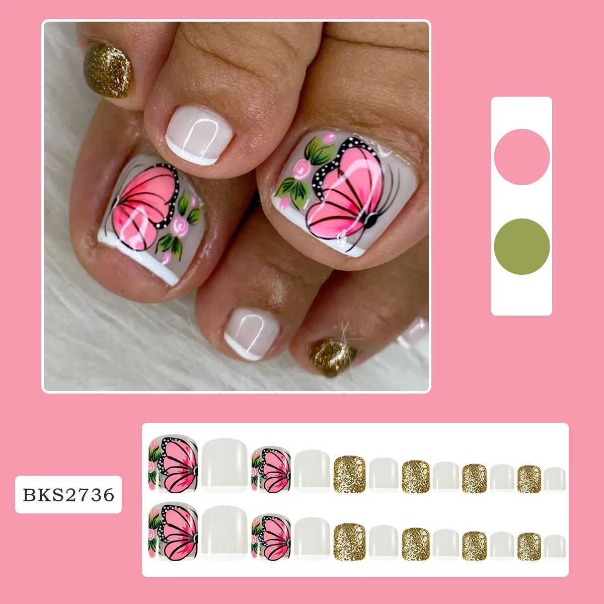 White Press on Toenails Short Square Fake Toenails with Exquisite Butterfly Design Full Cover Glue on Toe Nails Summer Beach Tip