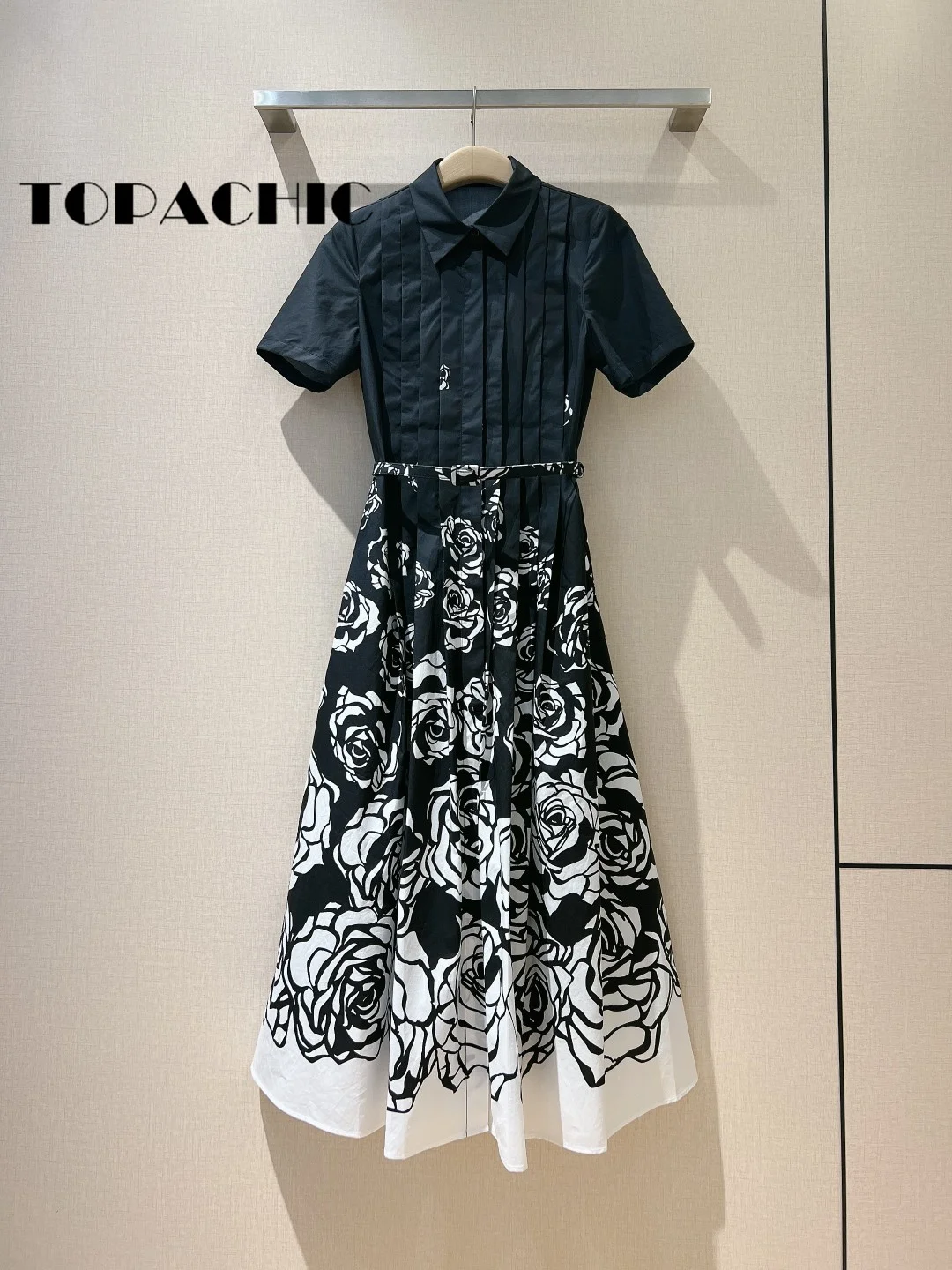 1.2 TOPACHIC-Women Camellia Flower Print Short Sleeve Dress Elegant Temperament Pleated Collect Waist Sashes Cotton Long Dress