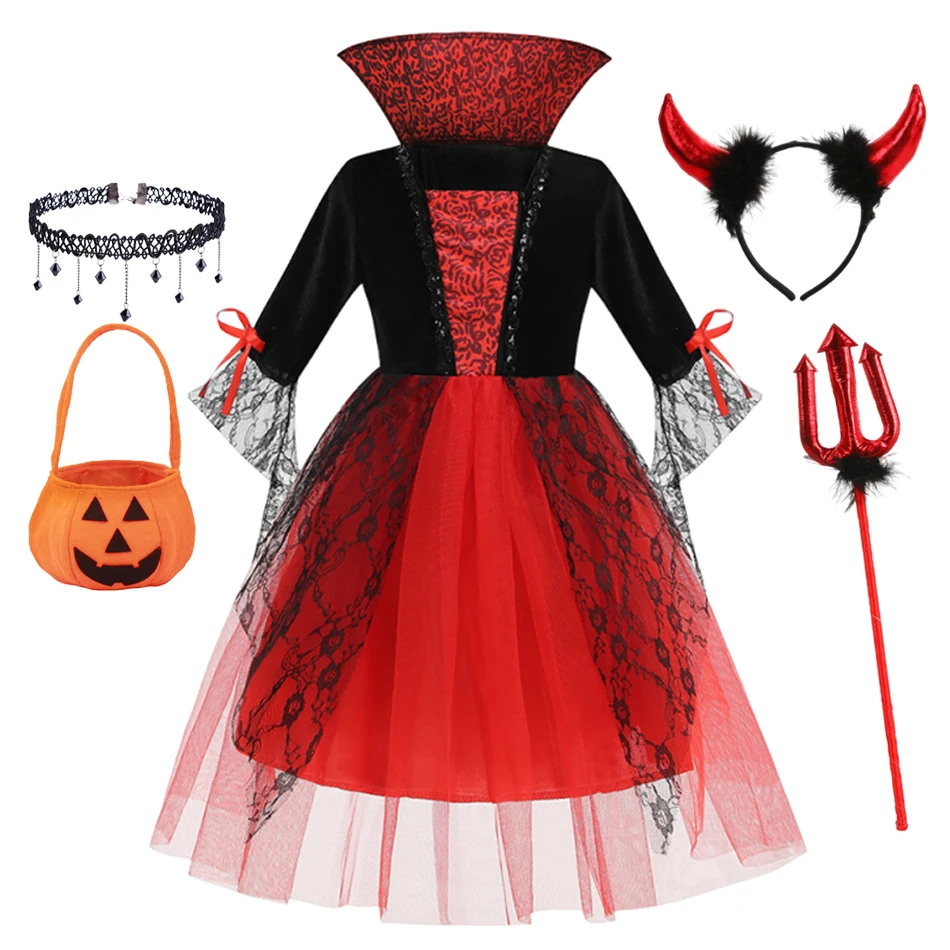 Girls Boys Red Halloween Cosplay Costume Ghost Bride Gothic Dress Party Kids Vestidos Clothes