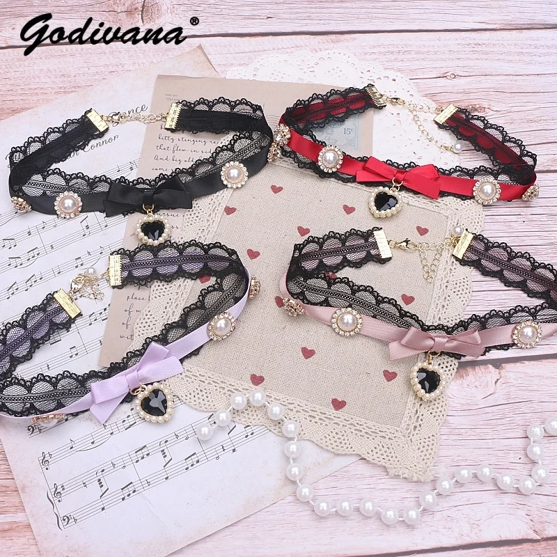 

Japanese Mines Sweet Lace Bow Love Pendant Sticker Neck Handmade Necklace Female Girls Lolita Pearl Rhinestone Choker Collar