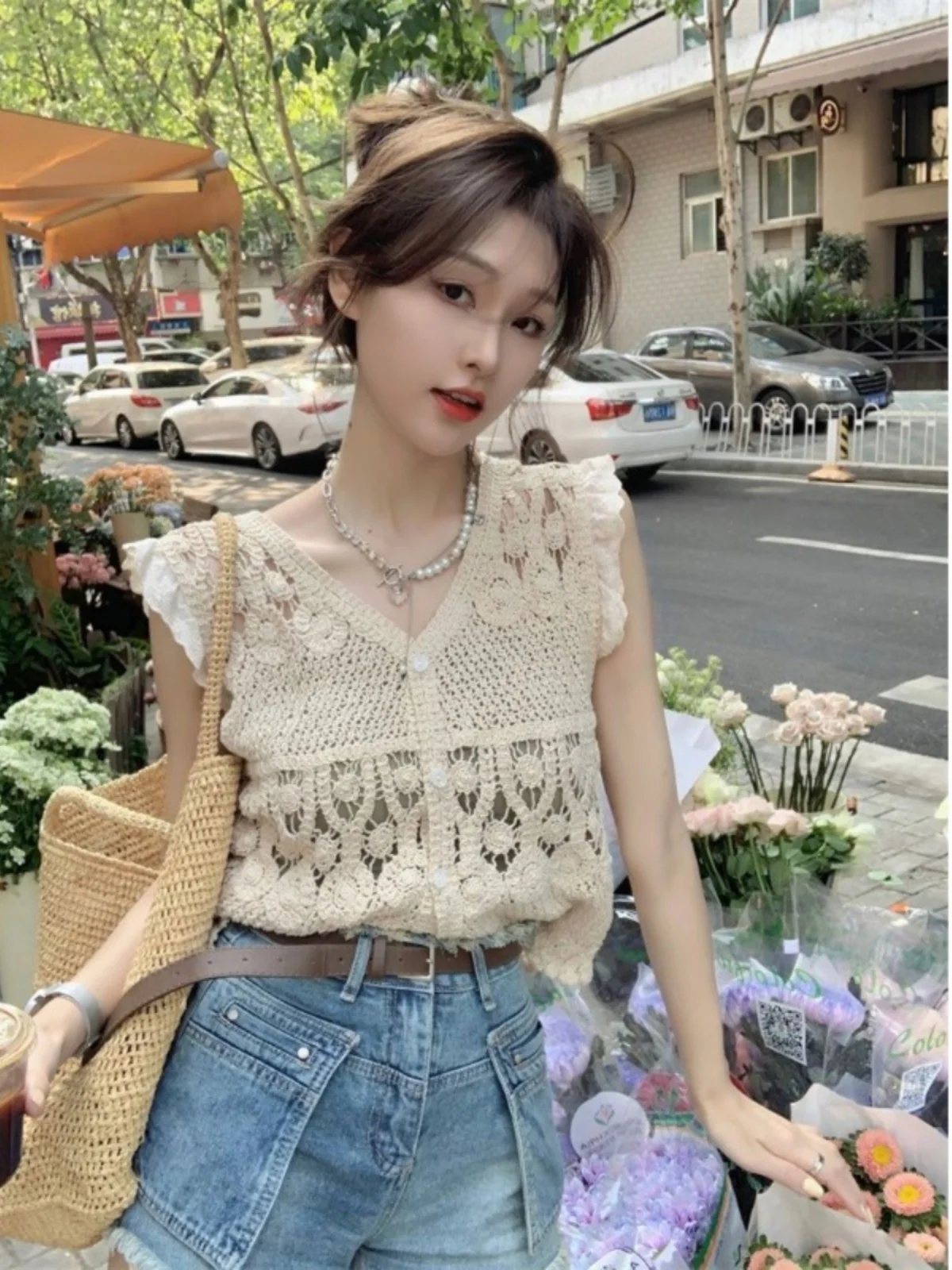 

N V-Ne вязаный топ, кружевной жилет Fly Sve, женский летний ажурный топ с цветочным кружевом в стиле пэчворк, трикотаж