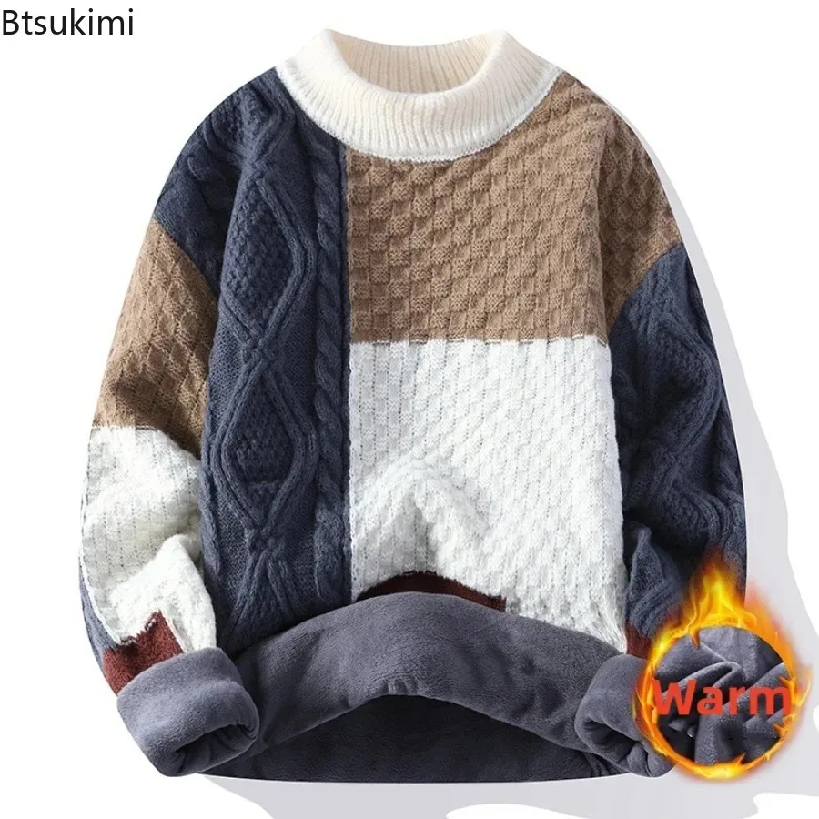 2025 Japanese Style Casual Men Knitted O Neck Pullovers Long Sleeve Sweater Loose Fit Spliced Winter Half High Neck Warm Sweater