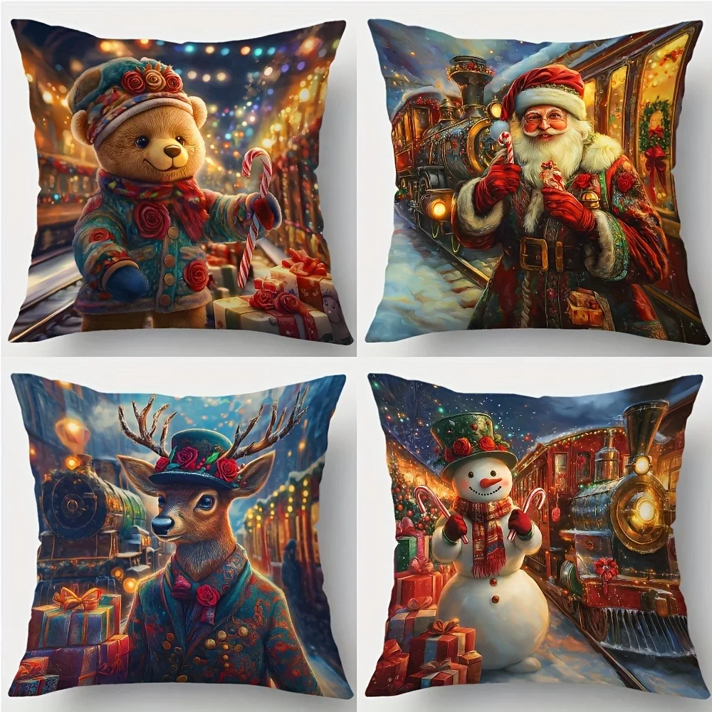 

Home Decoration: Christmas Character Cushion Covers With Train And Gift Patterns For Sofa, Bedroom, Car, Pillow Covers