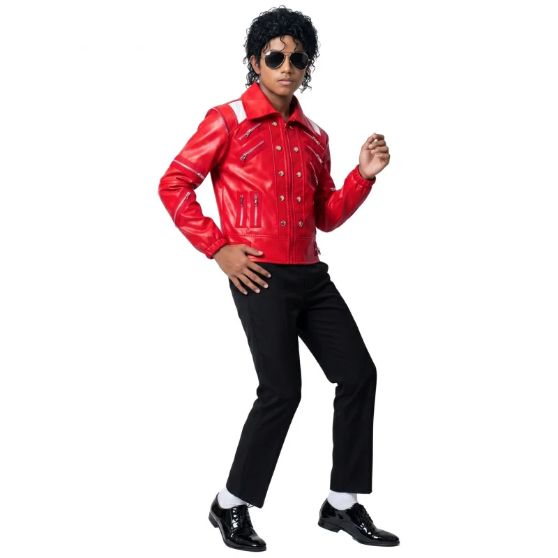 Michael Jackson Rote Lederjacke Cosplay-Kostüm, MJ Stepptanz-Outfit für Halloween Bühnenauftritt Karneval Rollenspiel Party