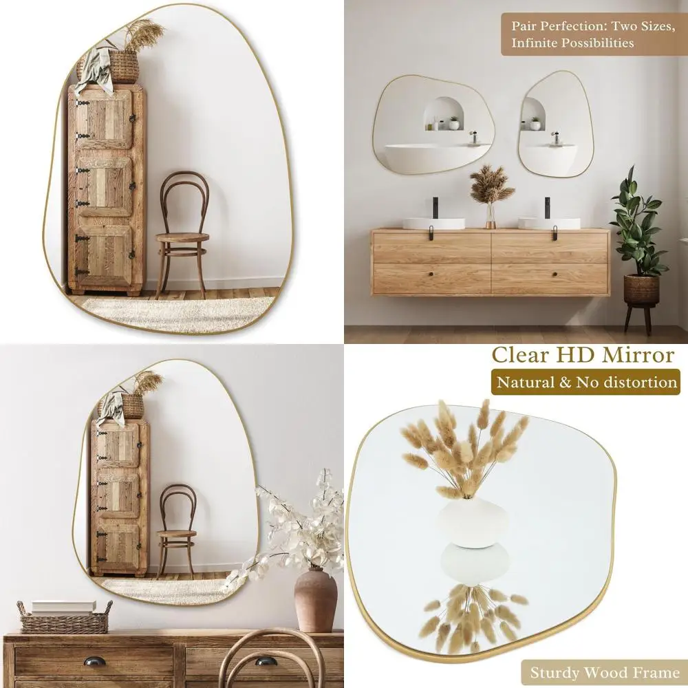 مرآة حائط غير متناظرة باللون الذهبي مقاس 32 × 24 للديكور الحديث في الحمام وغرفة النوم وغرفة المعيشة والمدخل #1