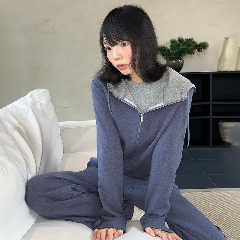 

Color Block Hoodie Sweatshirt Sportswear Set Women's Autumn Winter Slimming Long Pants Elegantly Zippered Open Cardigan Two P...
