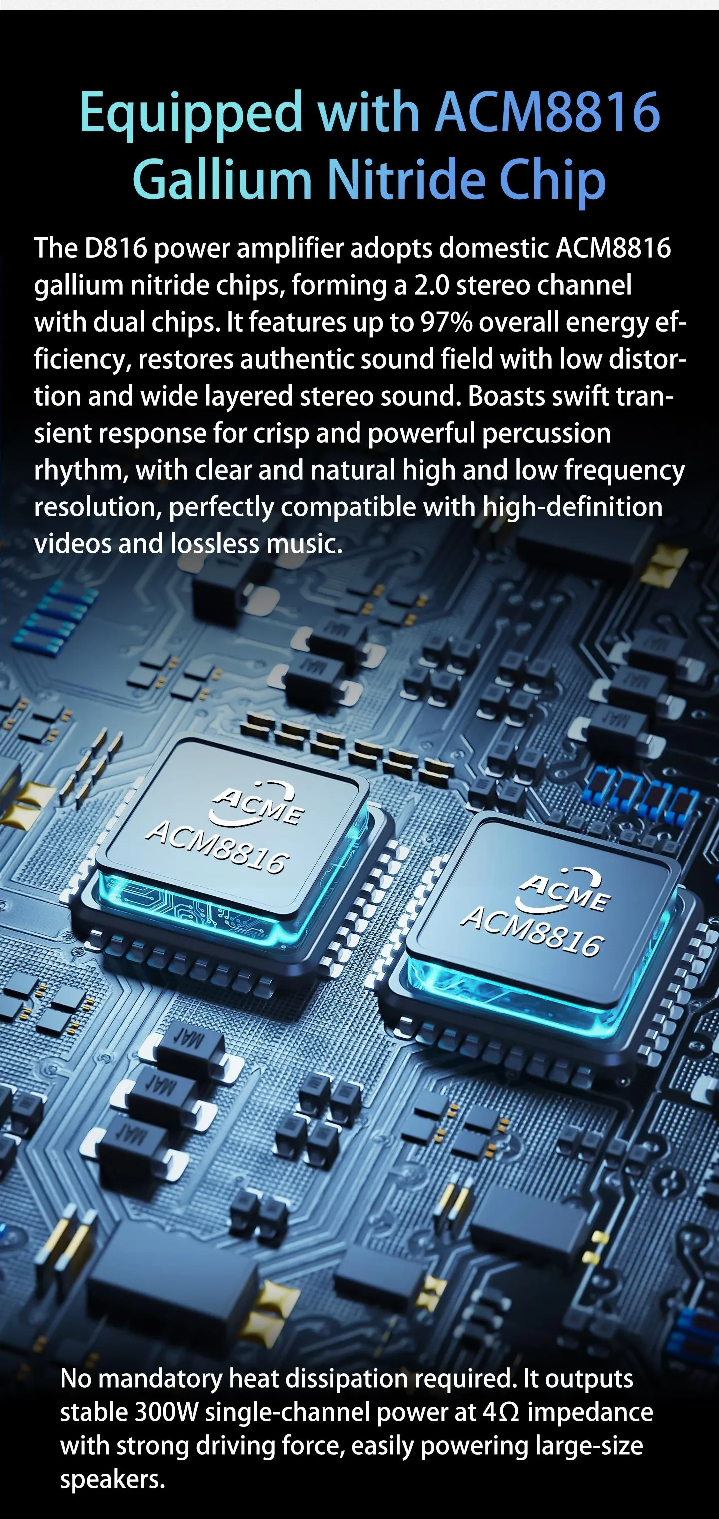 YJCO D816 High-Fidelity Digital HIFI Leistungsverstärker 300W*2 Bluetooth Verlustfreier Heim-Audio-Verstärker Galliumnitrid ACM8816 Chip – Detail 2