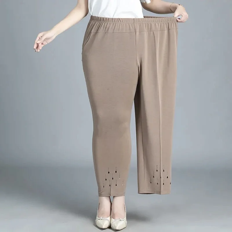 

6XL 7XL 8XL Middle-aged Elderly Women's Pants Spring Summer Elastic Waist Mother Trousers Large Size Solid Casual Straight Pants