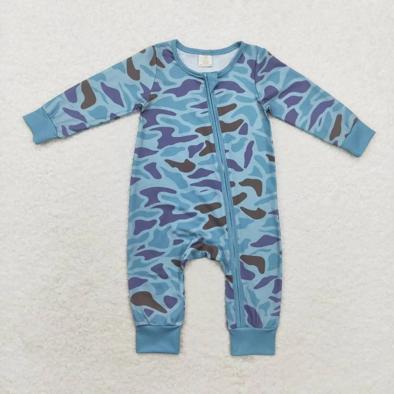 Blue camouflage style jumpsuit milk silk with zipper warm cute dog with hat patterns kids clothing