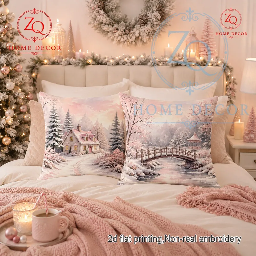The dreamy st pink print  a snowcovered cottage wooden bridge  riverside scene perfectly complements Christmas decor