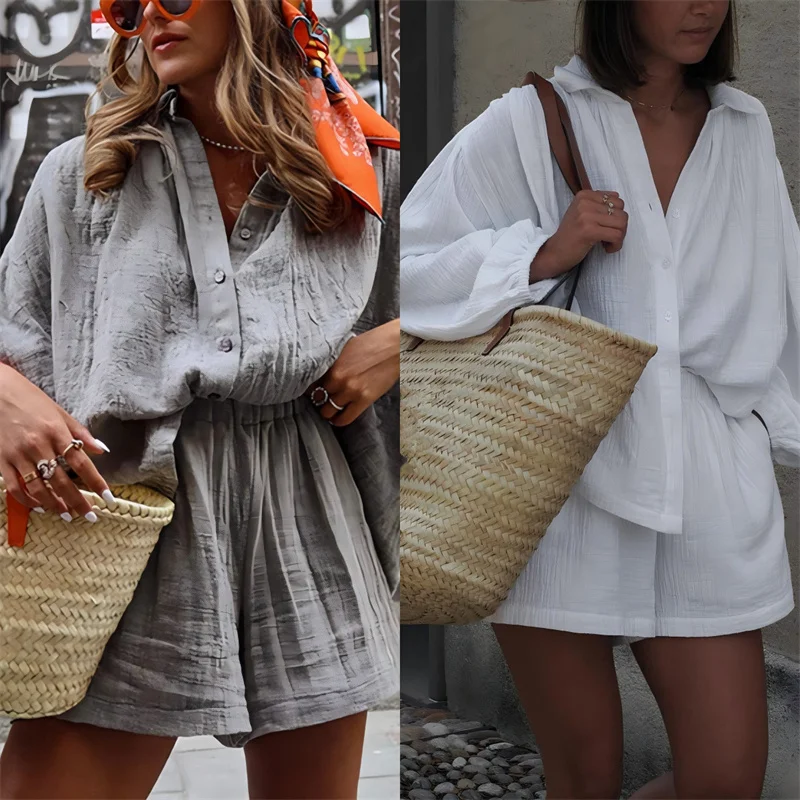 

Casual Loose Blouses Long Sleeve Turn Down Collar Shirt Shorts Set Women Blouse Woman Shirts Fashion Street Wear Streetwear