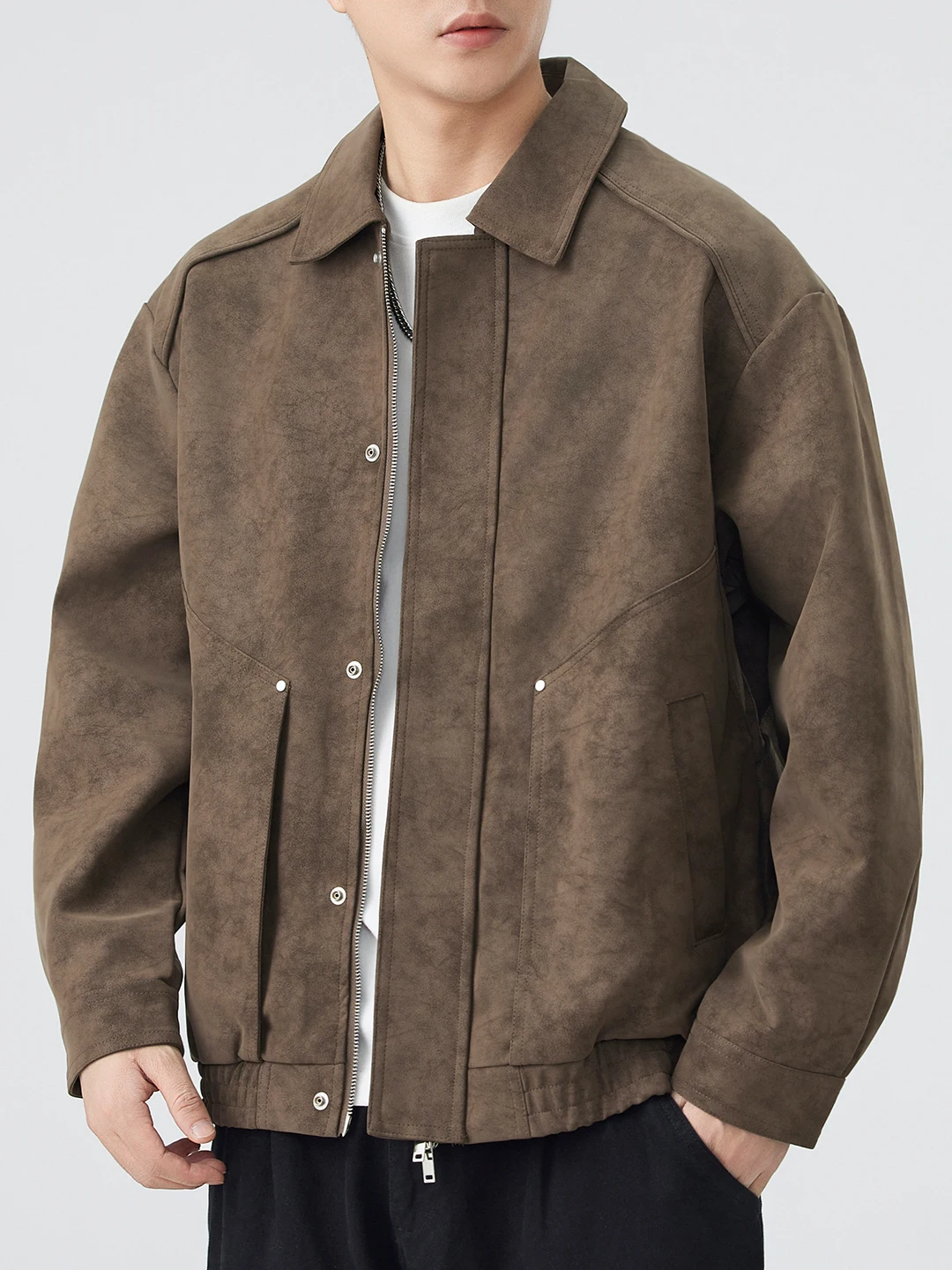 

Matte Retro Luxury Leather Jaet Men's Loose Casual American Sle Leather Coat Trendy Polyester Fiber Long Sve Zipper