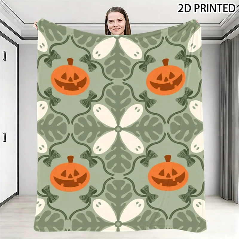 Retro Whimsical Halloween - Themed Throw Blanket, Light Green Background with Repeating Patterns of Orange Jack-O'-Lanterns, Smi