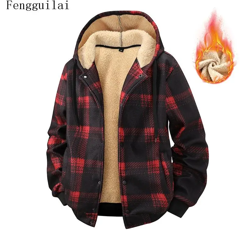 Mens Buffalo Plaid Sherpa Lined Hooded Jacket Drawstring Hood Thick Warm Flannel Winter Button Down Casual Coat