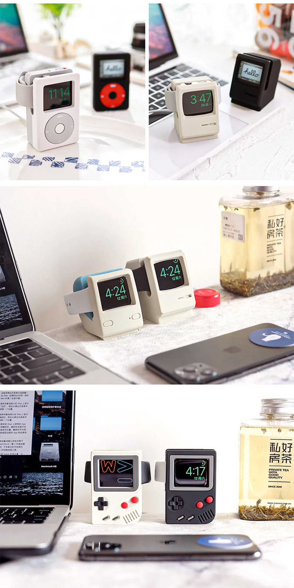 Desktop-Halter für Apple Watch, Ladeständer, Retro-Computer-Muster, Ladestation für iWatch 8, 7, 6, 5, 4, 3, 2, SE, Silikon-Dock – Detail 13