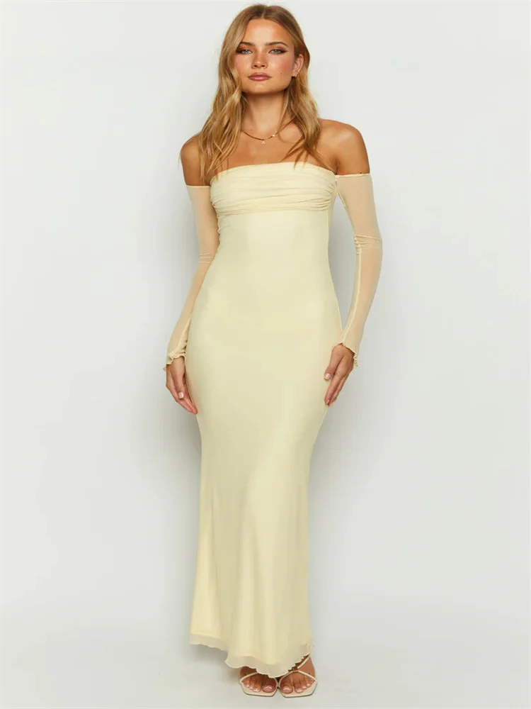 

Customized Simple Tulle Creamy Yellow Slim Long Dress Mesh Long Sleeve Strap Cropped Necklace Formal Evening Evening Gown