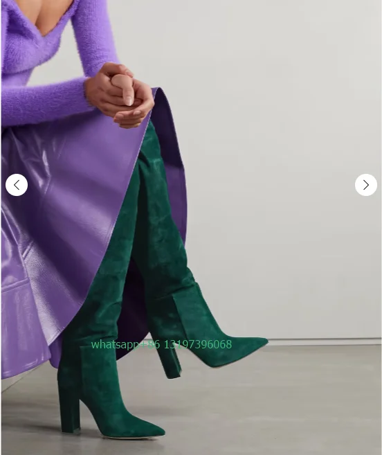 Lady green suede over-the-knee boots fall sexy elegant pointed toe boots chunky heel dress boots causal daily boots footwear 46