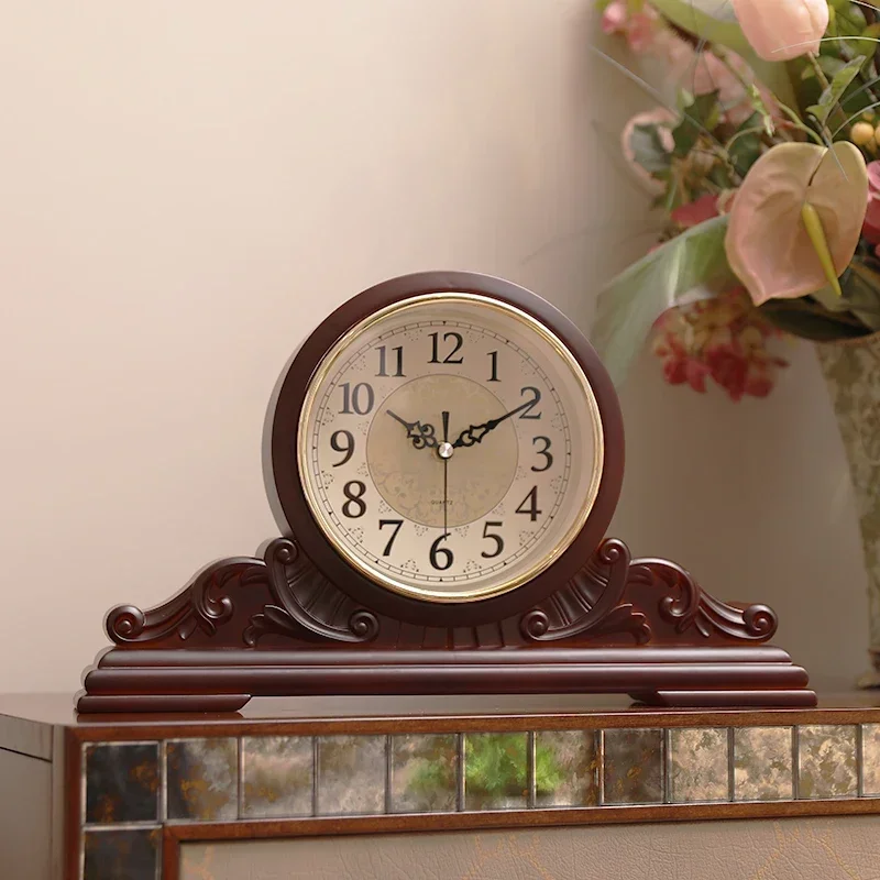 Vintage Table Clock Non-Solid Wood Large Desktop Clock Chinese Bogu Shelf Decor Silent Home Ornament Traditional Table Decor