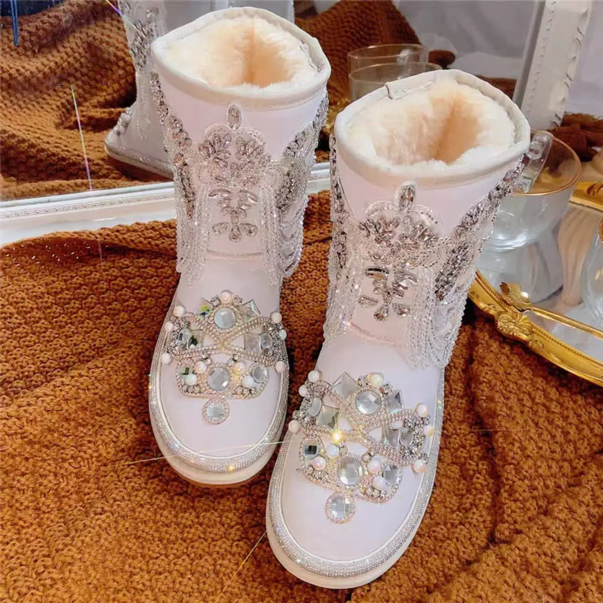 Luxurious sequin fringed beaded snow boots, custom-made, fur and leather combined, thickened women's cotton shoes, size 35-40