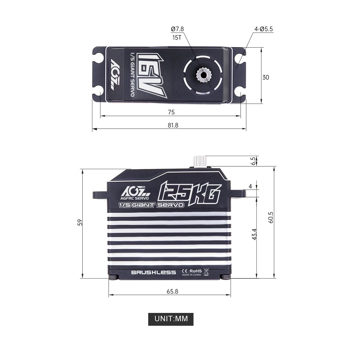 AGFRC-Servo a control remoto para coches, dispositivo de control remoto de 125KG, 16V, supertorque 3S/4S, sin escobillas, resistente al agua, a