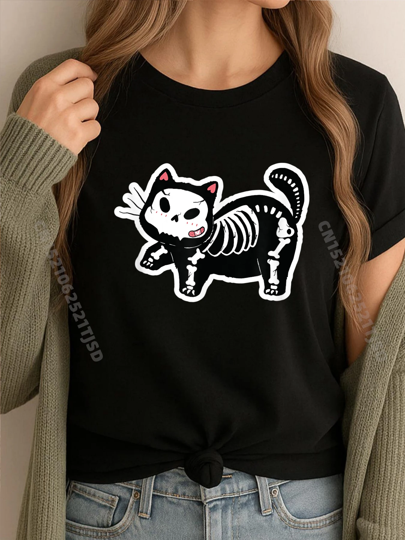 

Skeleton Cat Sugar Skull Cat Halloween Woman Graphic Tees Autumn High Quality Party