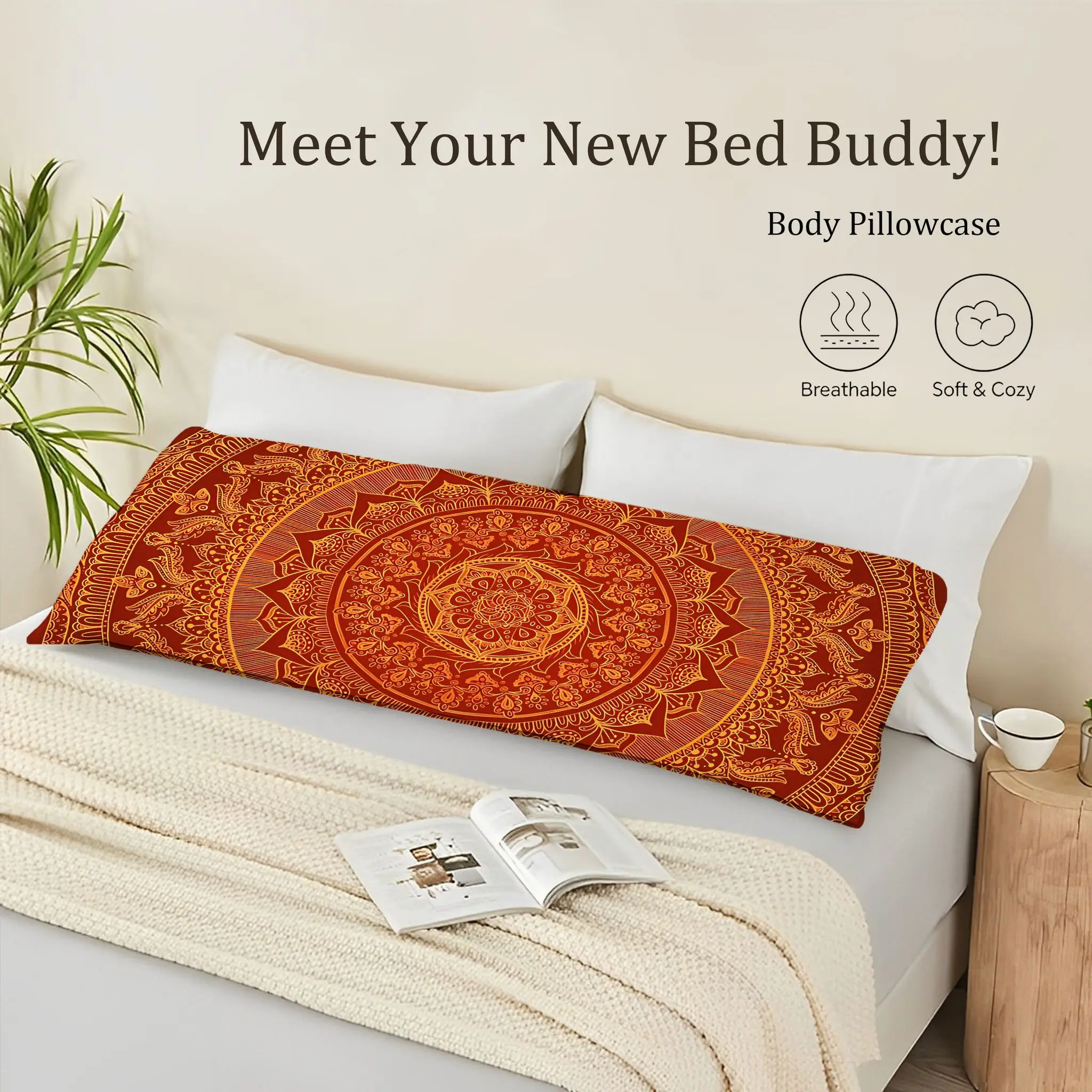 Red and Golden Symmetrical Mandala Embroidered Pillowcase | Suitable for Bedroom Decor, Artistic Atmosphere Creation, Polyester,