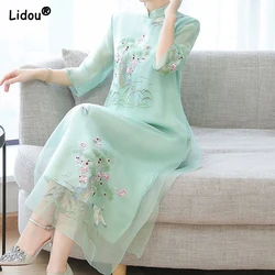 Short Sleeve Stand Collar Embroidery Printing Chinese Style Fashion Casual Midi Skirts Summer Dresses Thin Women's Clothing 2023