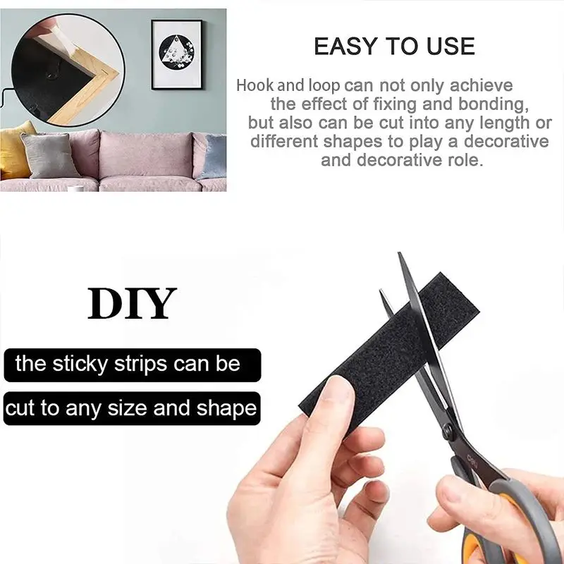 شريط لاصق سحري ذاتي اللصق ، قوي للغاية ، على الوجهين ، وسادة لاصقة ، خطاف رقيق وقفل حلقي ، أسود ، 2 ، 25 متر
