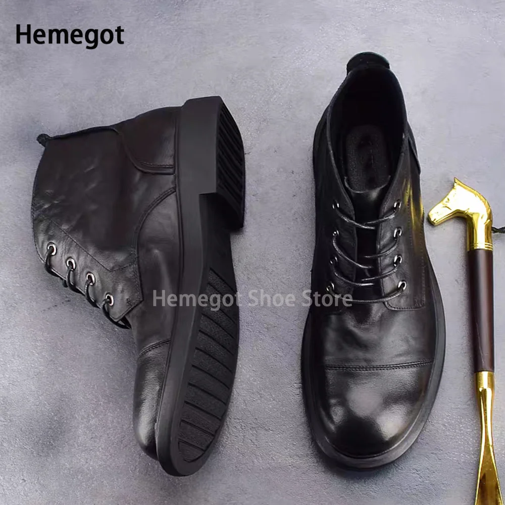 Black Leather Men's Boots High-Top Height Increasing Men's Shoes Novelty Designer Solid Booties British Style Handmade Men Shoes