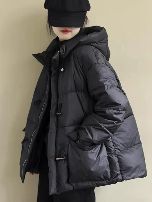 

Warmth Duck down Cotton Jacket Loose Fit Winter Coat Button Detail Artistic Style Women's Commute Thickened Long Sleeve Zipper