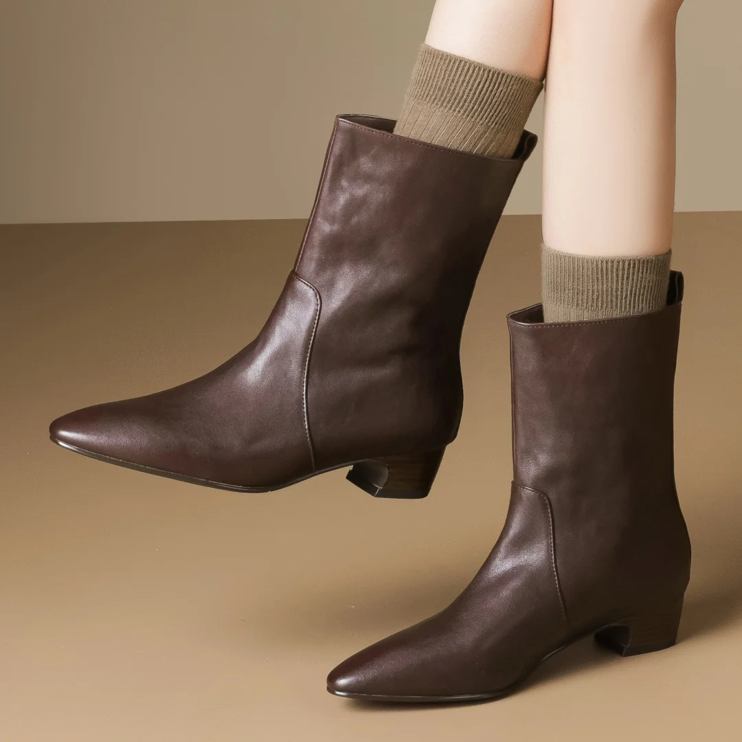 

Женские осенние ботильоны без шнуровки из коровьей кожи с острым носком, элегантные женские высококачественные мягкие короткие ботильоны на каблуке 3,5 см