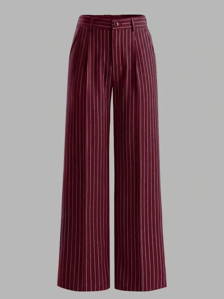 Women Striped Vintage Elastic Back Waist Suit Pants Draped Wide Leg Slacks Business Commute Casual Work Office Ladies Trousers