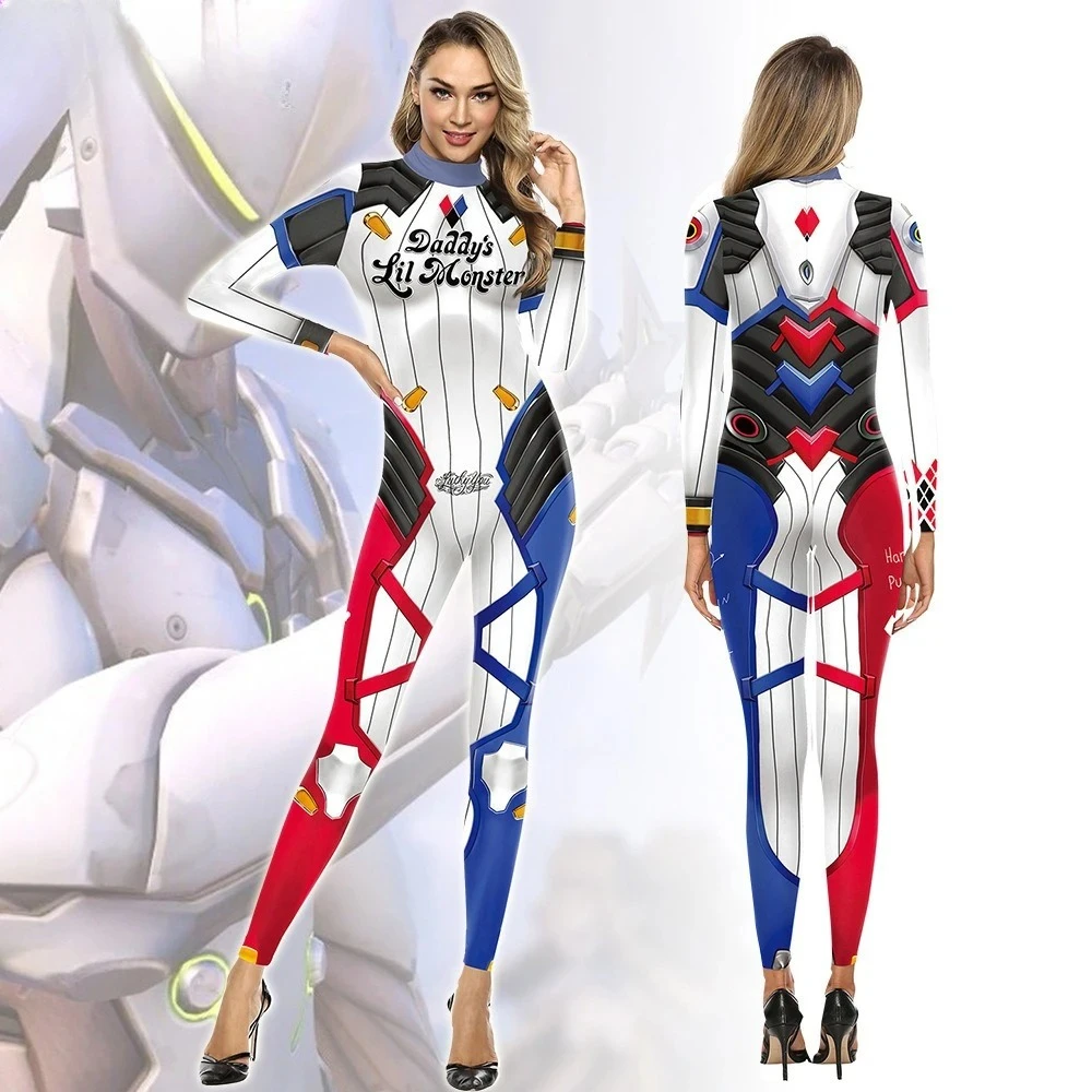 

Racing-Themed Bodysuit Cosplay Costume - White/Blue/Red Graphic Full-Body Suit, Sporty Role-Play Outfit for Parties & Events