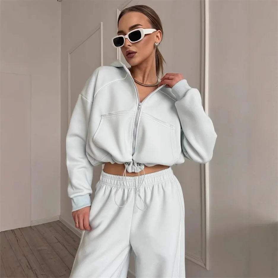 2025 Women's Casual Solid Hooded Open Cardigan Sweater And Trousers Two-Piece Set Long Zipper Closure Summer Faion Outfit