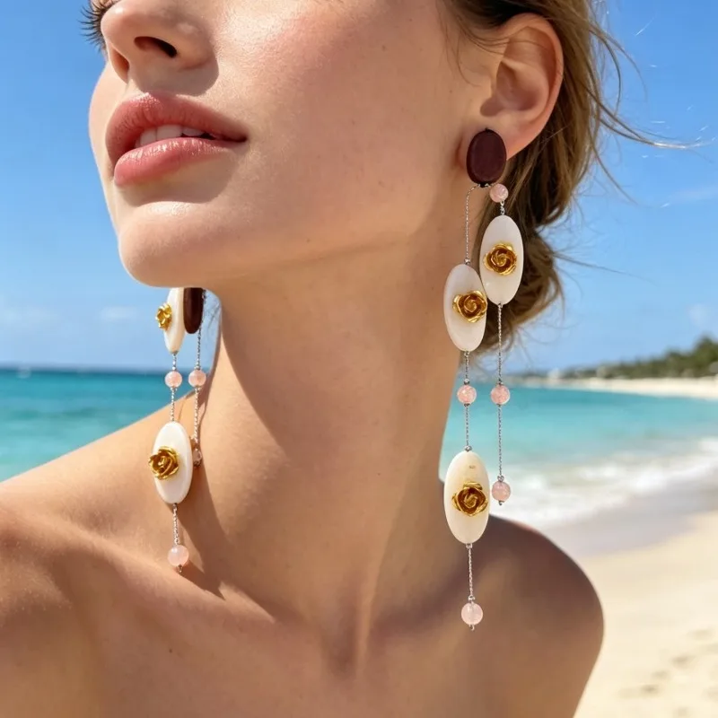Vintage Shell Gold Flower Long Threader Earrings Bohemian Tassel Dangle Drop Earrings Elegant Retro Holiday Party Ear Ornaments