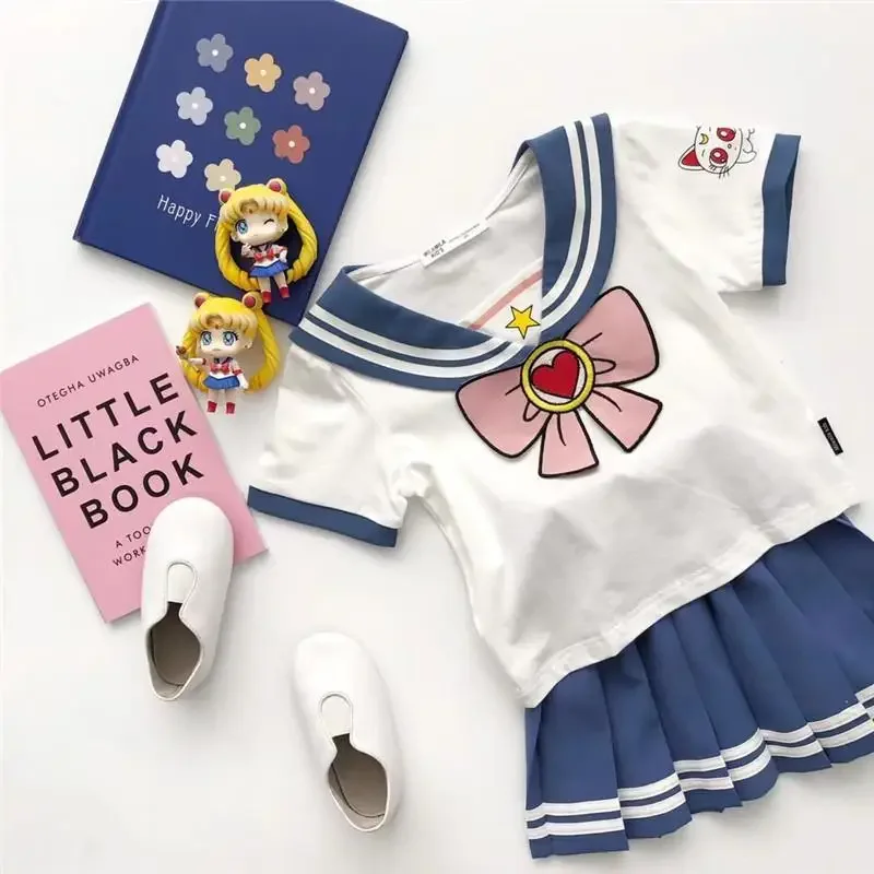 Baby Girls Cosplay Moon Summer Clothes Sailor Uniform Cute Suits Bow Striped Tops Pleated Skirts Carnival Party Custume