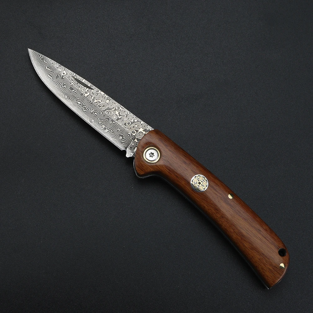 

Solid wood handle Damascus steel folding knife peeling knife camping multifunctional pocket knife