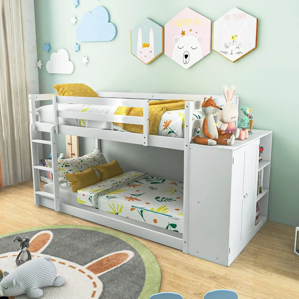 Twin Over Bed, Solid Wood Frame with Bookcase & Ladder, Storage Shelves, High Guardrails, for Kids Teens, Floor Low Bunk Beds