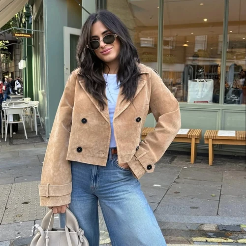 Imagen 1 del producto KONDALA, chaqueta informal elegante de gamuza caqui para mujer, chaqueta para mujer de manga larga con doble botón, abrigos con cuello en V, moda Otoño Invierno 2025