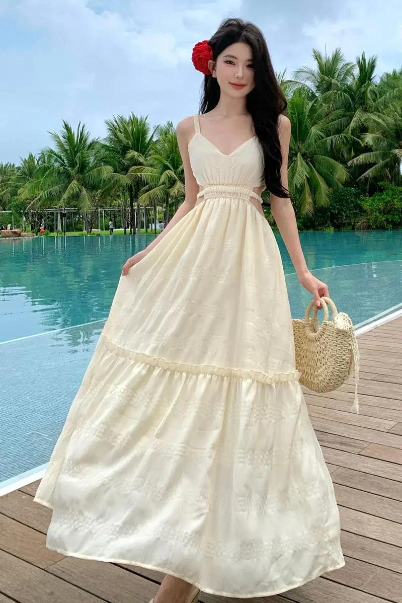 Sexy Pure Desire Wind Spicy Girl Hollow Back V-neck Strap Dress for Women Summer Sanya Beach Resort Beach Long Dress