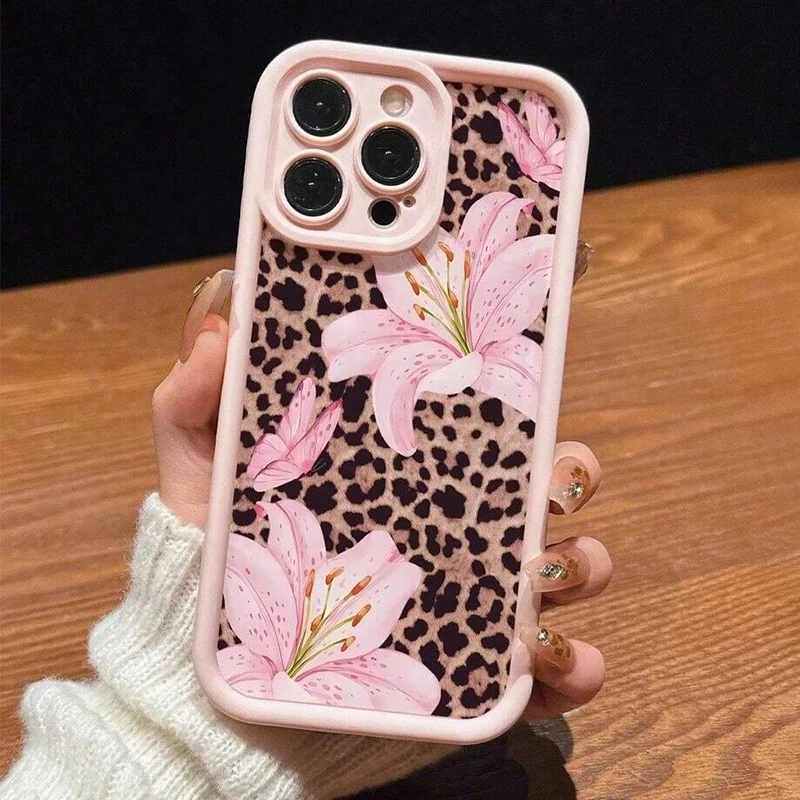 Funda Linda con Diseño de Lirio Rosa y Leopardo para iPhone 17 16 15 14 13 12 11 Pro Max XS X XR 7 8 Plus 17 Air 4