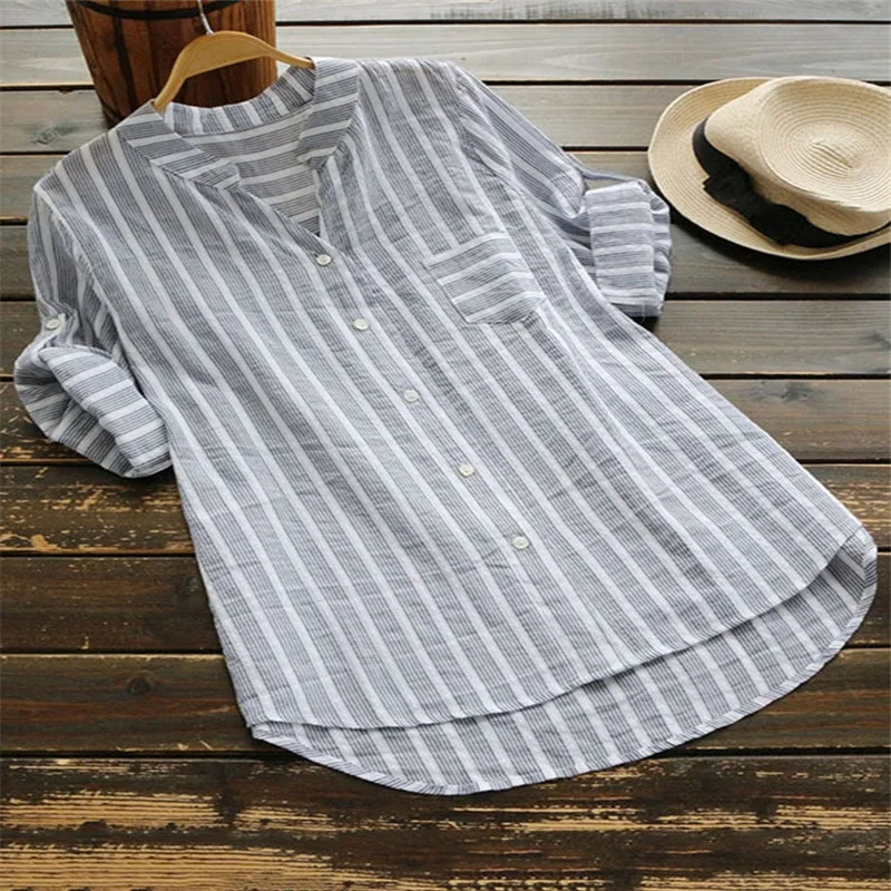 Summer Blouse Shirt Women Elegant Cotton Linen Top Long Sleeve Linen Blouses Striped Classic Shirts Oversize Lady Womens Tops