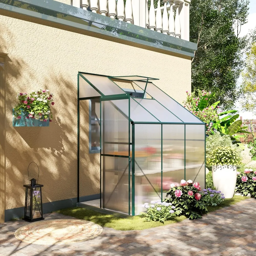 

6' x 4' x 7' Hobby Greenhouse, Walk-in Lean-to Polycarbonate Hot House Kit with Aluminum Frame, Sliding Door, Roof Vent, Green