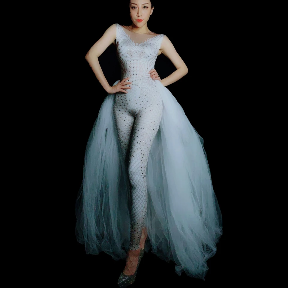 

Silver Rhinestones Sleeveless Jumpsuit Women White Yarn Tail Birthday Celebrity Party Outfit Female Singer Dance Stage Wear